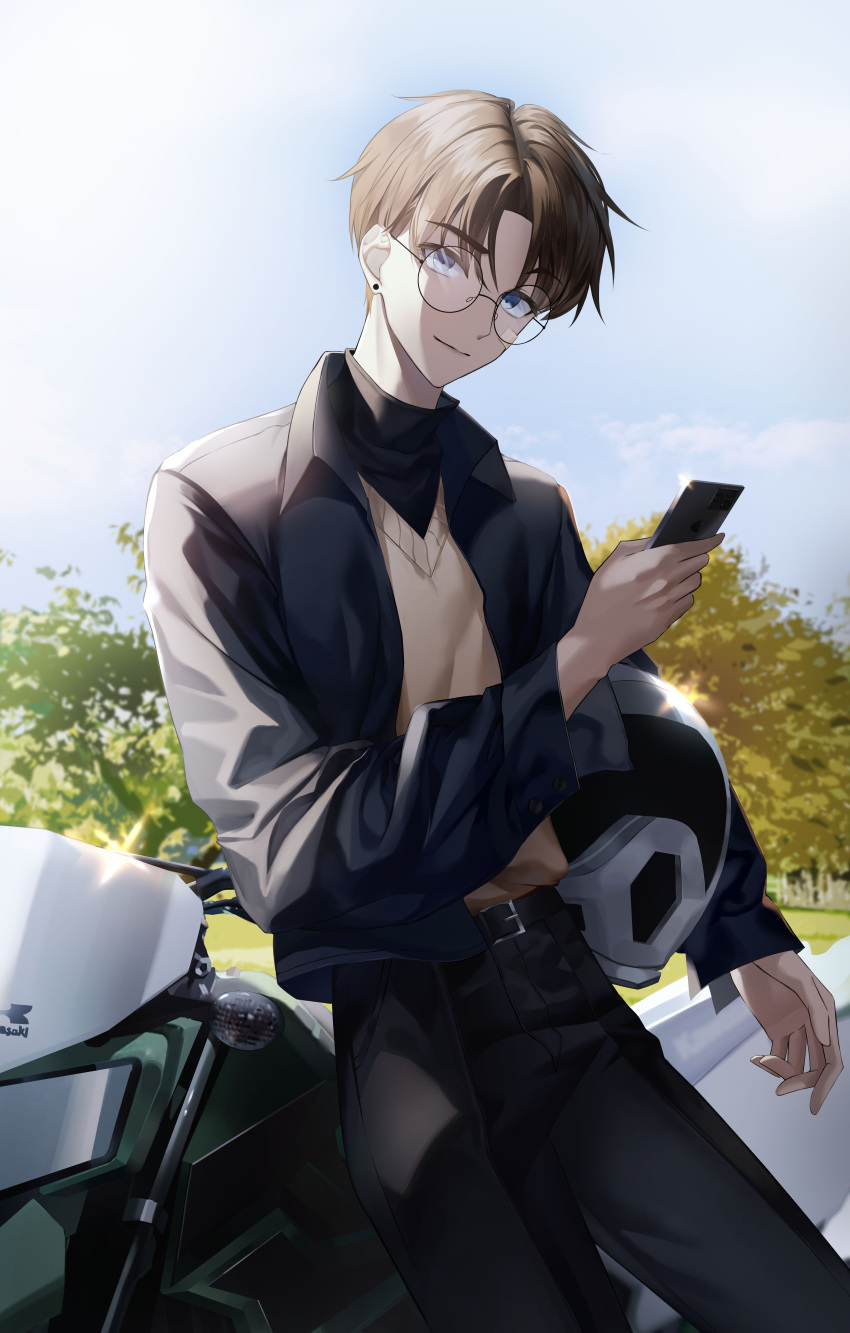 1boy absurdres bangs belt bespectacled black_belt black_jacket black_pants black_shirt blue_eyes blue_sky blurry blurry_background brown_cardigan brown_hair cardigan carrying carrying_under_arm cellphone closed_mouth commentary day earrings eyebrows_visible_through_hair glasses ground_vehicle hattori_heiji helmet highres holding holding_phone jacket jewelry long_sleeves looking_at_viewer male_focus man_do meitantei_conan motor_vehicle motorcycle motorcycle_helmet open_clothes open_jacket outdoors pants parted_bangs phone round_eyewear shirt short_hair sky smartphone smile solo stud_earrings tree turtleneck