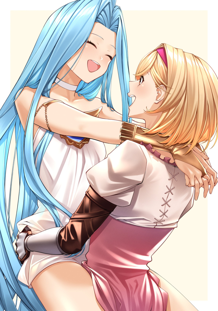 2girls absurdres ahoge arms_around_neck bangs bare_shoulders blonde_hair blue_hair choker closed_eyes djeeta_(granblue_fantasy) dress eyebrows_visible_through_hair gauntlets gloves granblue_fantasy hairband hands_on_another's_hips highres long_hair lyria_(granblue_fantasy) multiple_girls open_mouth short_hair simple_background smile soruna_(nell) very_long_hair white_dress