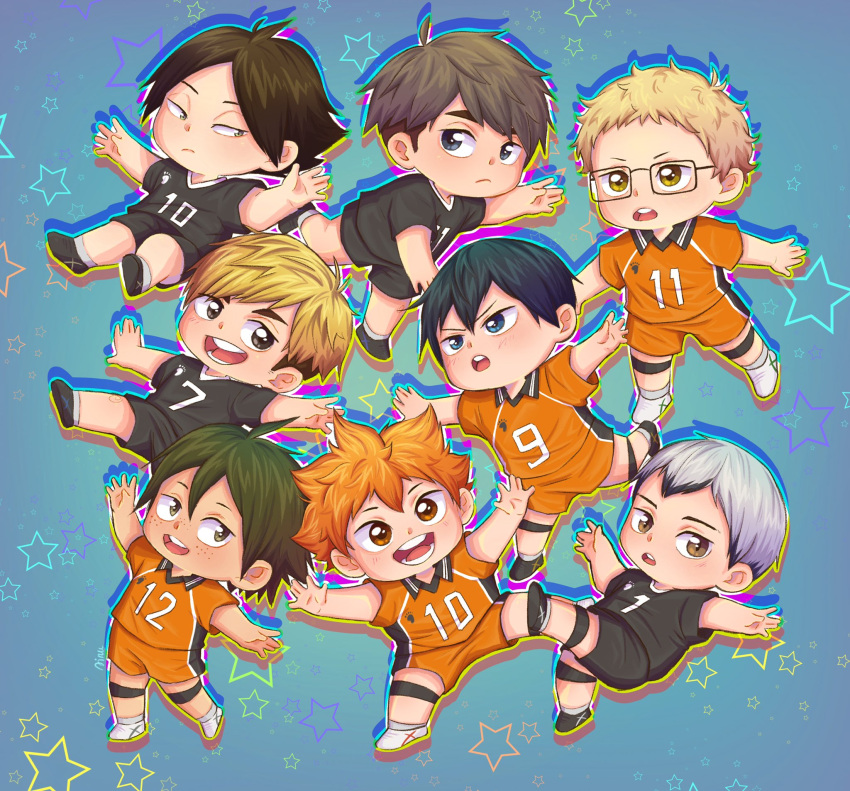 6+boys ainudraws bangs black_hair blonde_hair blue_eyes character_request chibi glasses green_eyes green_hair haikyuu!! highres hinata_shouyou kageyama_tobio looking_at_viewer male_focus multiple_boys numbered open_mouth orange_eyes orange_hair short_hair simple_background smile sportswear star_(symbol) volleyball_uniform white_hair yellow_eyes