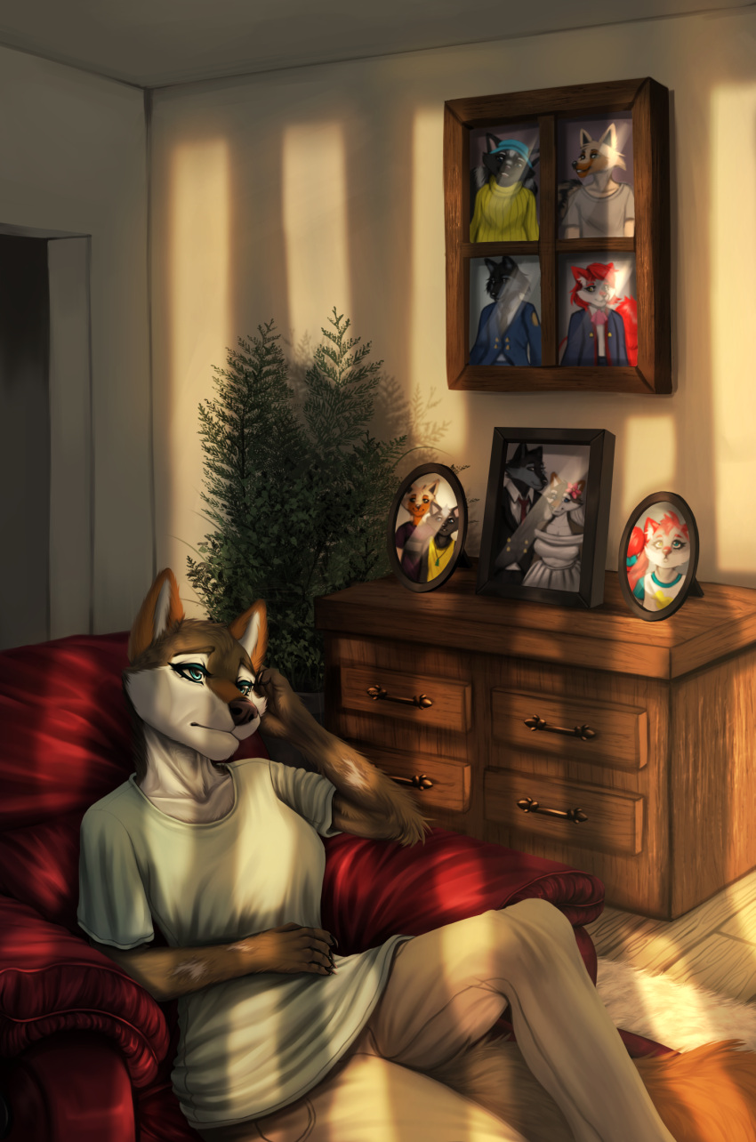 anthro book_cover canid canine canis chair cover drawers dresser female furniture hi_res legend_of_ahya living_room mammal max_thrash murana_wolford_(darkflame-wolf) on_chair picture_frames pictures plant ruolina sad sitting sitting_on_chair solo steven_stinkman wolf