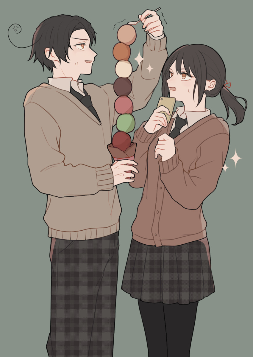 1boy 1girl 5ya_ngi ahoge alternate_costume arm_up axis_powers_hetalia black_hair black_necktie black_skirt cardigan cellphone collared_shirt feet_out_of_frame food green_background hair_ribbon hands_up highres holding holding_food holding_phone holding_spoon ice_cream ice_cream_cone korea_(hetalia) long_sleeves necktie pants pantyhose phone plaid plaid_pants plaid_skirt ponytail profile ribbon school_uniform shirt short_hair skirt south_korea_(hetalia) sparkle spoon standing sweatdrop sweater too_many too_many_scoops trembling vietnam_(hetalia) white_shirt