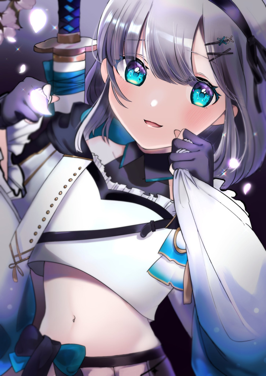 akai_beniko blue_eyes gloves hair_ornament hairclip headband highres kaga_sumire katana long_sleeves looking_at_viewer lupinus_virtual_games midriff navel open_mouth petals ribbon short_hair silver_hair smile sword virtual_youtuber vspo! weapon