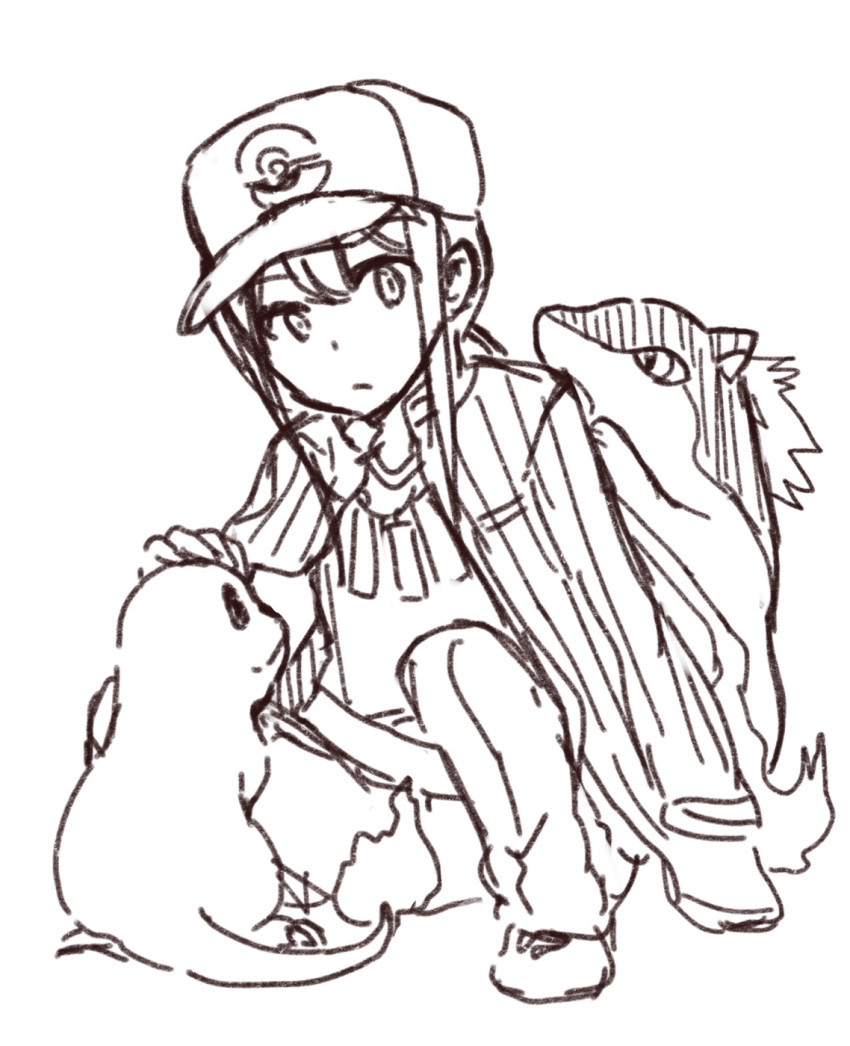 1boy bangs baseball_cap charmander closed_mouth crossover cyndaquil fate/grand_order fate_(series) flame-tipped_tail full_body greyscale hair_between_eyes hat highres jacket jacket_on_shoulders koha-ace long_hair looking_at_viewer male_focus monochrome oda_nobukatsu_(fate) pants petting poke_ball_symbol pokemon pokemon_(creature) shirt shoes simple_background squatting tachitsu_teto white_background