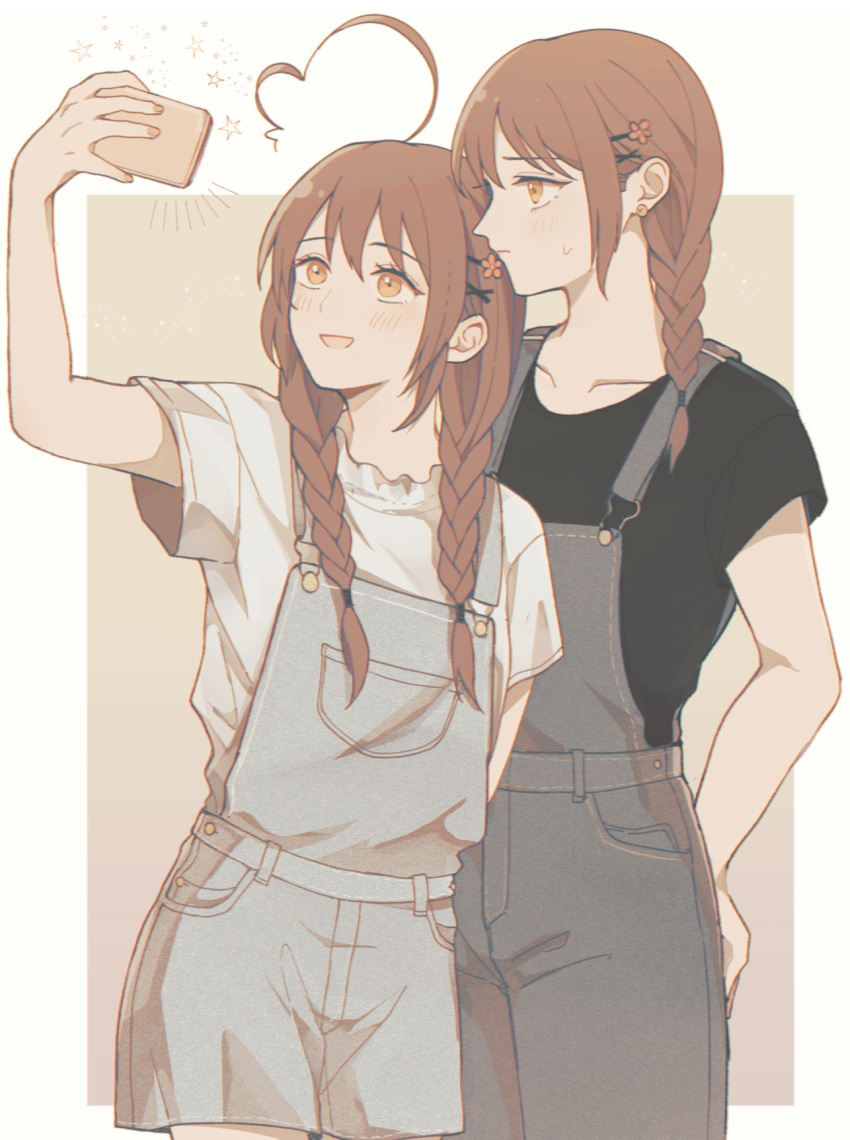 2girls 5ya_ngi :d ahoge alternate_hairstyle axis_powers_hetalia bangs bare_arms black_shirt braid braided_ponytail brown_eyes brown_hair casual cowboy_shot earrings flower hair_flower hair_ornament hair_over_shoulder hairclip hand_up happy highres holding holding_phone jewelry long_hair multiple_girls overall_shorts overalls phone pocket selfie shirt short_sleeves single_braid smile sparkle standing sweatdrop t-shirt taiwan_(hetalia) taking_picture twin_braids twintails vietnam_(hetalia) white_shirt worried