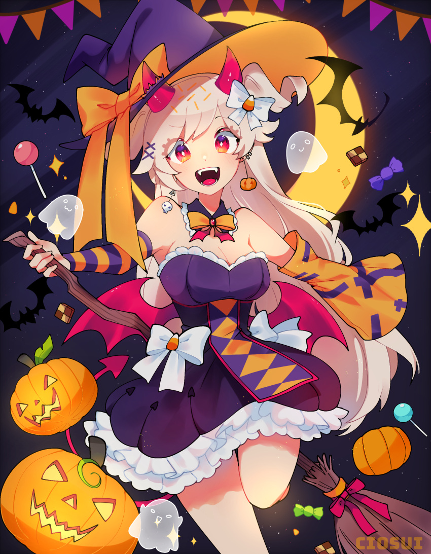 1girl absurdres artist_name black_dress blonde_hair blush breasts bright_pupils broom ciosuii cleavage diamond-shaped_pupils diamond_(shape) dress fangs halloween highres holding holding_broom jack-o'-lantern large_breasts long_hair open_mouth original red_eyes smile solo symbol-shaped_pupils teeth white_pupils