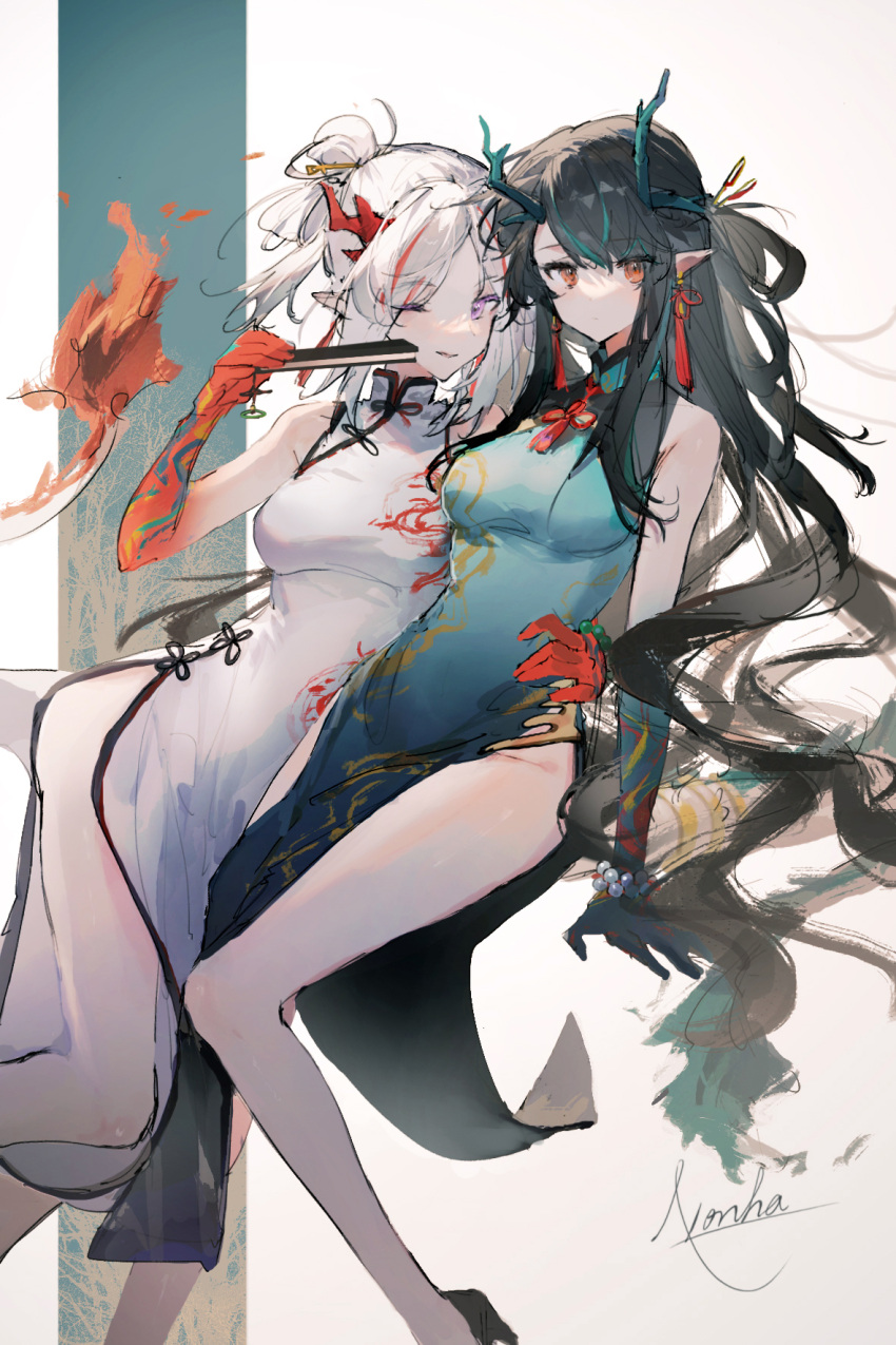 arknights arm_around_neck bare_legs bare_shoulders black_footwear black_hair blue_dress blue_hair blue_skin blush breasts closed_fan closed_mouth colored_skin dragon_girl dragon_horns dragon_tail dress dusk_(arknights) dusk_(everything_is_a_miracle)_(arknights) fiery_tail folding_fan gradient_skin hair_bun hand_fan high_heels highres holding holding_fan horns illyasviel_von_einzbern long_hair looking_at_viewer medium_breasts multicolored_hair nian_(arknights) nian_(unfettered_freedom)_(arknights) official_alternate_costume one_eye_closed pelvic_curtain purple_eyes red_eyes red_hair red_skin short_hair siblings sidelocks silver_hair sisters sleeveless sleeveless_dress streaked_hair tail two-tone_hair very_long_hair white_dress