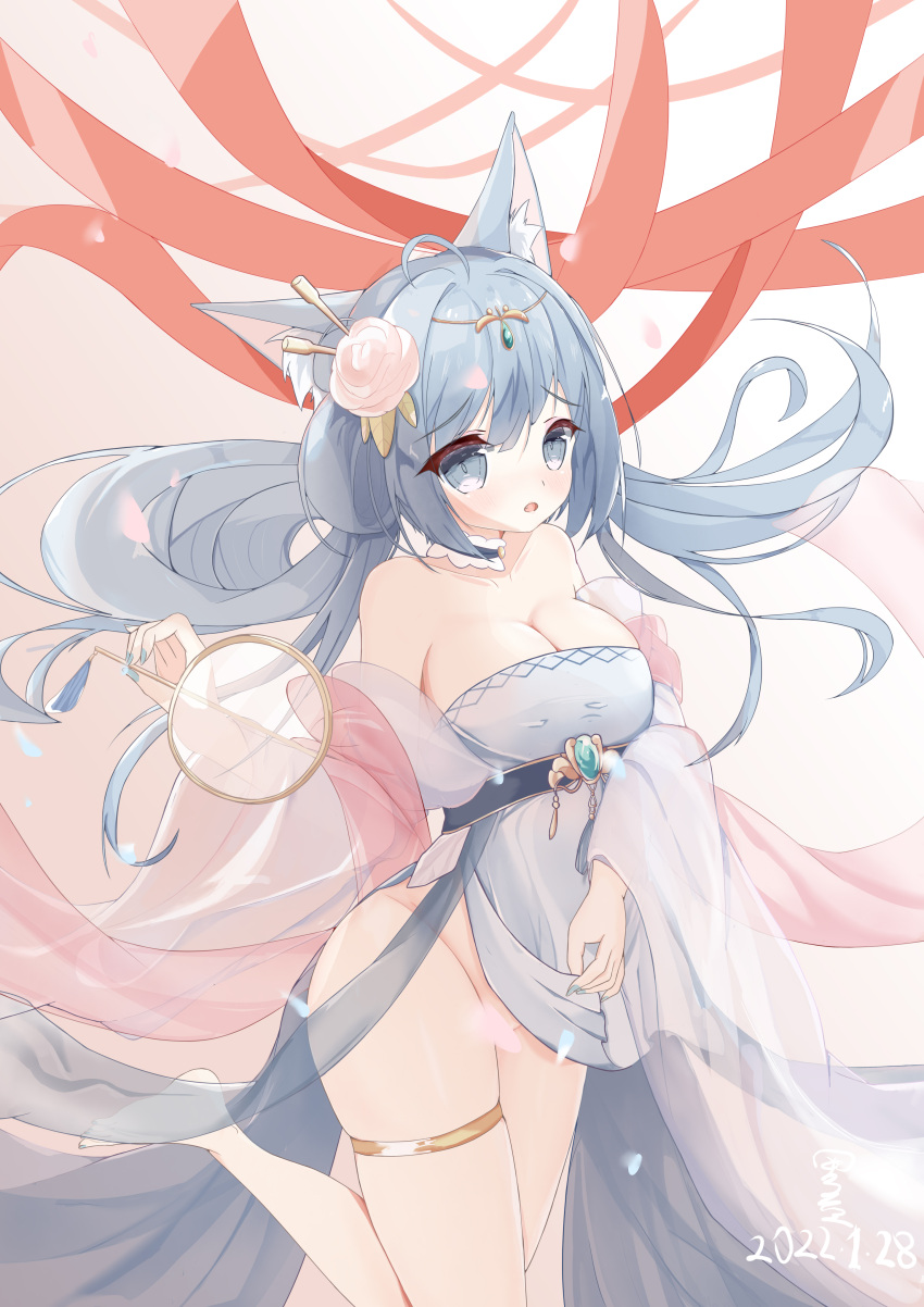 1girl absurdres animal_ear_fluff asashio_(azur_lane) asashio_(robes_of_dancing_clouds)_(azur_lane) azur_lane bare_shoulders blue_choker blue_eyes blue_hair breasts choker cleavage convenient_censoring dated eyebrows_visible_through_hair floating_hair flower hair_between_eyes hair_flower hair_ornament hand_fan highres holding holding_fan large_breasts long_hair looking_at_viewer mofox no_panties official_alternate_costume oppai_loli red_ribbon ribbon solo standing standing_on_one_leg thigh_strap wide_sleeves