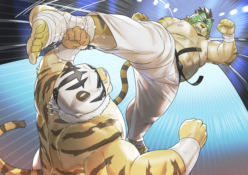 anthro black_body black_fur black_stripes black_tail blocking bottomwear clothed clothing duo felid fight fighting_ring fist fur hair kick komori_megane mammal markings mask pantherine sports_mask sportswear striped_body striped_fur striped_markings striped_tail stripes tail_markings teeth tiger topless wrestler wrestling_mask