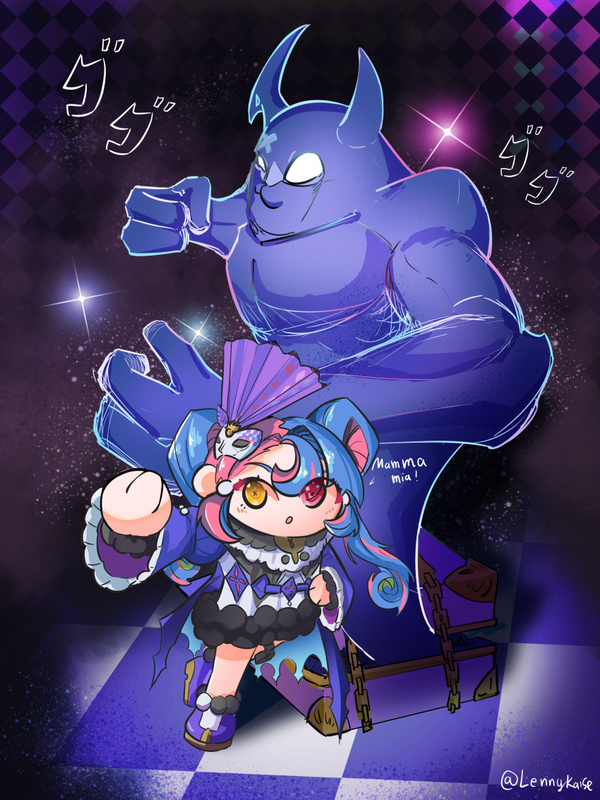 1girl absurdres arm_up blue_hair checkered_floor coat commentary dress english_commentary fur-trimmed_dress fur_trim heterochromia highres jojo_no_kimyou_na_bouken lennykaise long_hair menacing_(jojo) multicolored_hair pero_(wuthering_waves) pink_eyes pink_hair purple_coat roccia_(wuthering_waves) twintails twitter_username two-tone_hair white_dress wuthering_waves yellow_eyes