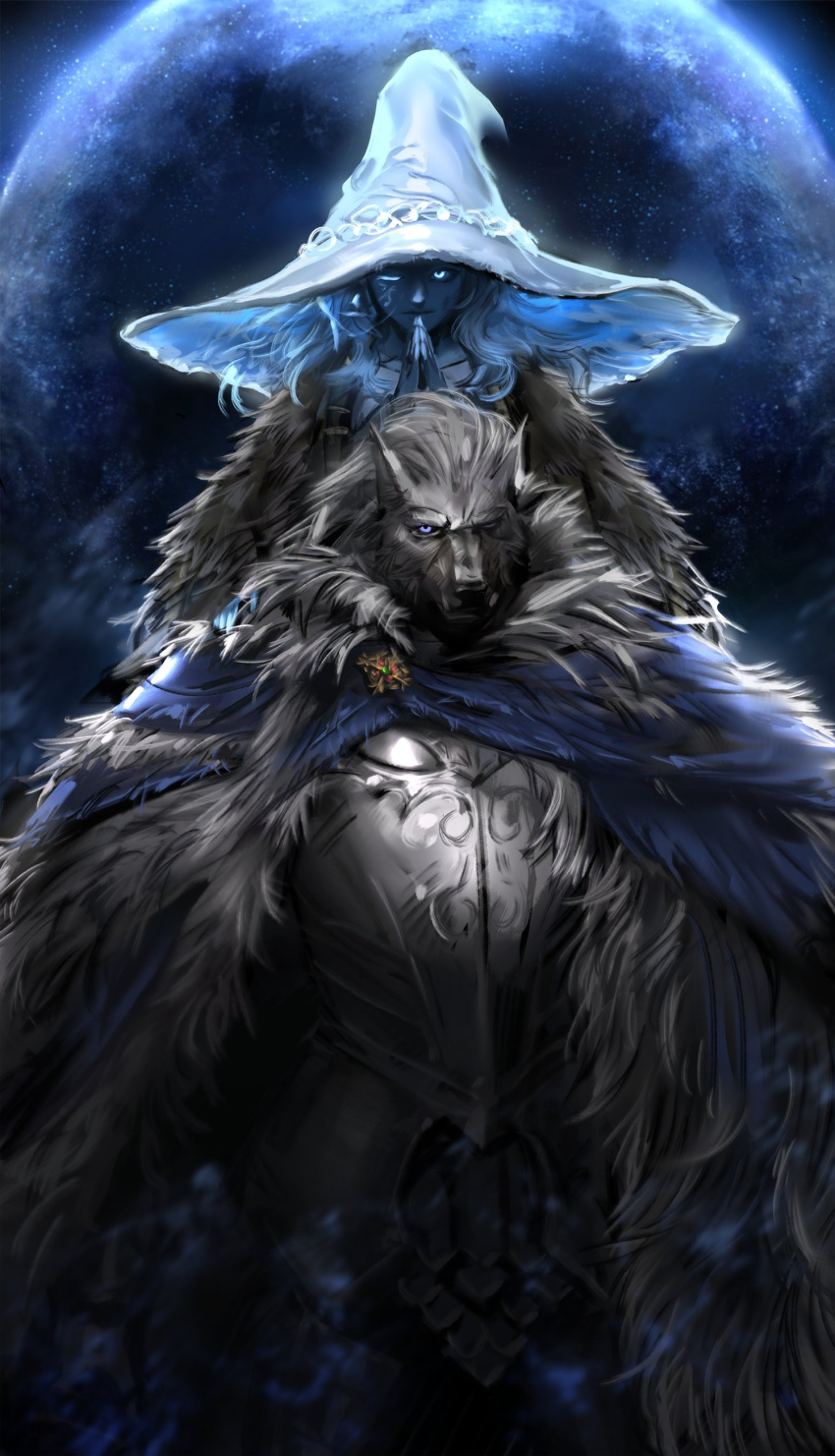 1boy 1girl absurdres animal_head armor blaidd_the_half-wolf blue_eyes blue_skin breastplate cape closed_mouth colored_skin elden_ring full_moon furry furry_male hat highres jang_ju_hyeon looking_at_viewer moon one_eye_closed own_hands_together purple_eyes ranni_the_witch smile witch_hat