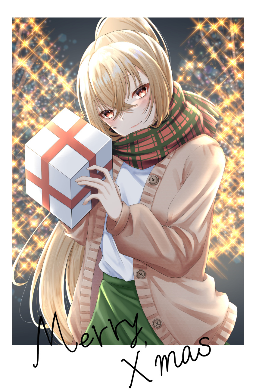 1girl absurdres alternate_costume ayanami_(azur_lane) azur_lane bangs box casual commentary_request contemporary english_text eyebrows_visible_through_hair gift gift_box hair_between_eyes happy head_tilt highres holding holding_gift jacket konparu_uran long_hair long_sleeves looking_at_viewer merry_christmas orange_eyes plaid plaid_scarf ponytail retrofit_(azur_lane) scarf sidelocks silver_hair solo sweater_jacket