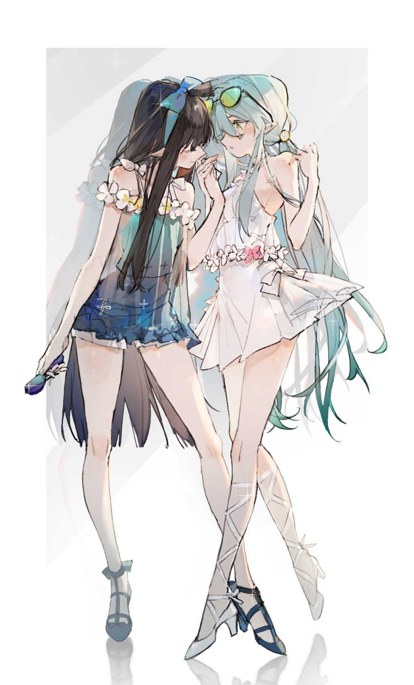 2girls aotu_world bare_arms bare_legs bare_shoulders black_footwear black_hair blue_bow blue_hairband blue_skirt blush bow bow_hairband breasts character_request closed_eyes closed_mouth contrapposto dress eyewear_on_head flower gradient gradient_background green-tinted_eyewear green_eyes grey_background hairband high_heels highres holding holding_hands holding_microphone indoors long_hair looking_at_another medium_breasts microphone multiple_girls navel parted_lips pointy_ears reflection see-through sideboob silver_hair skirt sleeveless sleeveless_dress standing sunglasses tinted_eyewear very_long_hair white_dress white_flower white_footwear