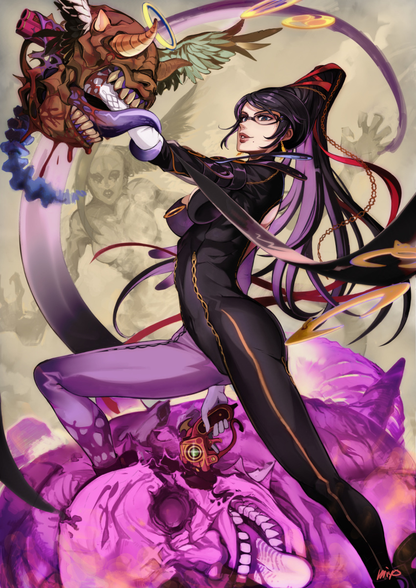 1girl artist_name bayonetta bayonetta_(series) black_bodysuit black_hair blood bodysuit breasts commentary_request glasses gold_trim gun hair_ornament halo hand_up high_heels high_ponytail highres holding holding_gun holding_weapon horns long_hair miyo_(13th_floor) mole mole_under_mouth monster multicolored_hair open_mouth parted_lips purple_hair red_lips solo teeth tongue two-tone_hair weapon wings