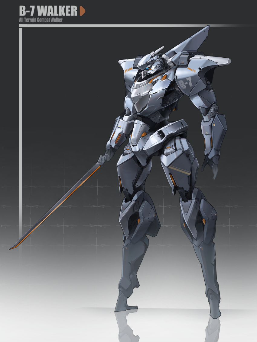 absurdres blue_eyes character_name chinese_commentary gradient gradient_background highres holding holding_sword holding_weapon looking_ahead mecha open_hand original reflection science_fiction solo standing sword weapon zhuoge_141_hao