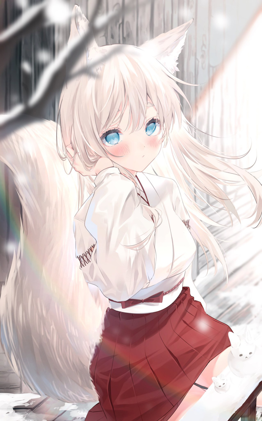 1girl :/ animal_ear_fluff animal_ears bangs bare_tree blue_eyes blurry blurry_foreground blush bunny check_commentary closed_mouth commentary_request day eyebrows_visible_through_hair fox_ears fox_girl fox_tail hair_between_eyes hakama hakama_skirt hand_in_hair hand_up harui_(hr_x9_) highres japanese_clothes kimono lens_flare looking_at_viewer obi original pleated_skirt sash sitting skirt snow snowing solo sunlight tail thick_eyebrows tree white_hair white_kimono