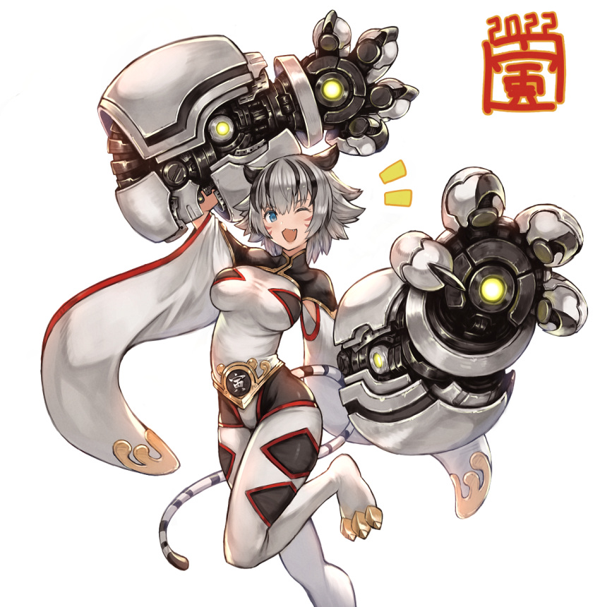 1girl 2022 :3 animal_ears bangs belt black_hair blackball bodysuit breasts chinese_zodiac eyebrows_behind_hair grey_hair highres mecha_musume medium_breasts multicolored_hair open_hands open_mouth original short_hair smile solo streaked_hair tail tiger_ears tiger_girl tiger_tail white_background white_bodysuit year_of_the_tiger