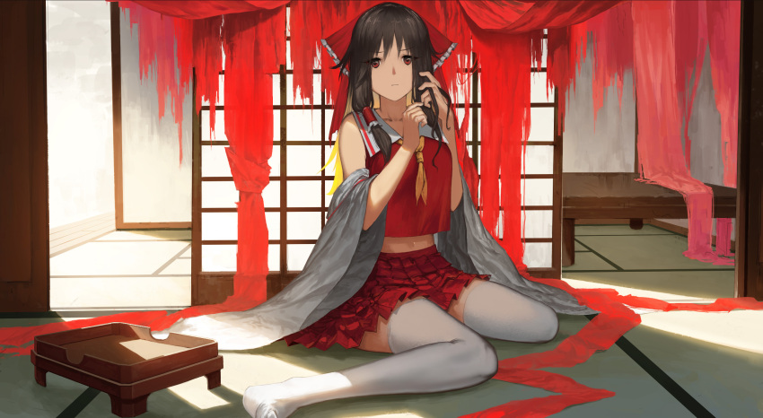 1girl bow brown_hair closed_mouth collarbone commentary danzir detached_sleeves eyebrows_visible_through_hair frilled_bow frilled_hair_tubes frills full_body hair_bow hair_tubes hakurei_reimu hands_up highres indoors light_frown long_hair looking_at_viewer midriff neckerchief on_ground red_bow red_eyes red_skirt red_vest sidelocks sitting skirt skirt_set sliding_doors solo thighhighs touhou tying_hair vest wariza white_legwear white_sleeves wide_sleeves yellow_neckerchief