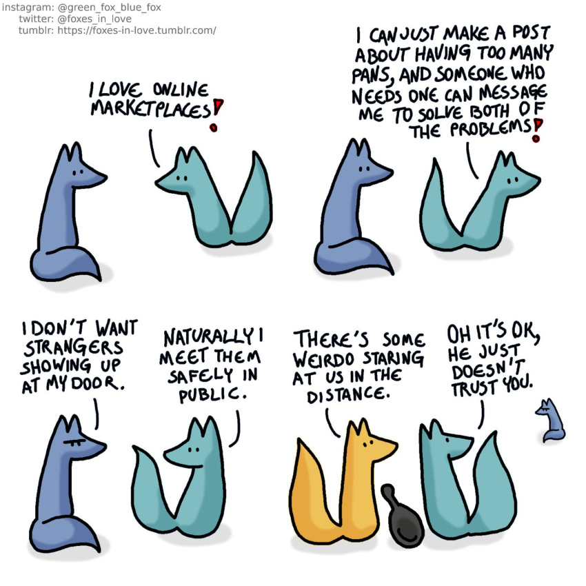 1:1 blue_body blue_fox_(foxes_in_love) blue_fur blue_tail canid canine comic dialogue duo english_text exclamation_point feral fox foxes_in_love fur green_body green_fox_(foxes_in_love) green_fur green_tail hi_res male_(lore) mammal shadow simple_background text url