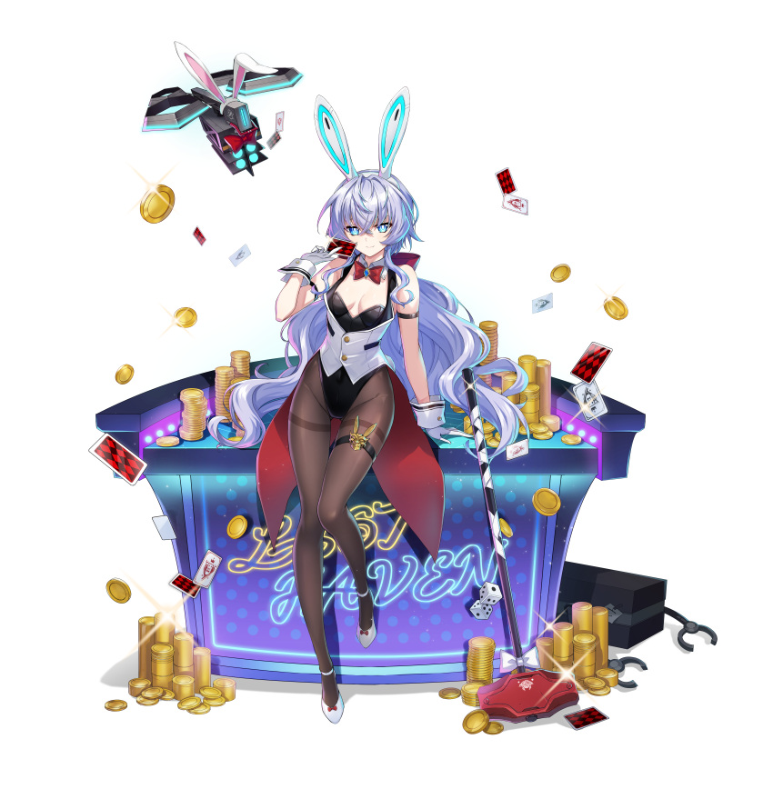 1girl absurdres alpha_transparency alternate_costume animal_ears bare_shoulders black_legwear blue_eyes breasts card cleavage coin counter:side drone fake_animal_ears full_body gloves highres holding holding_card horizon_(counter:side) long_hair looking_at_viewer machine-g.a.p. official_alternate_costume official_art pantyhose playboy_bunny playing_card rabbit_ears robot tachi-e transparent_background white_footwear white_gloves woodpecker_(counter:side)