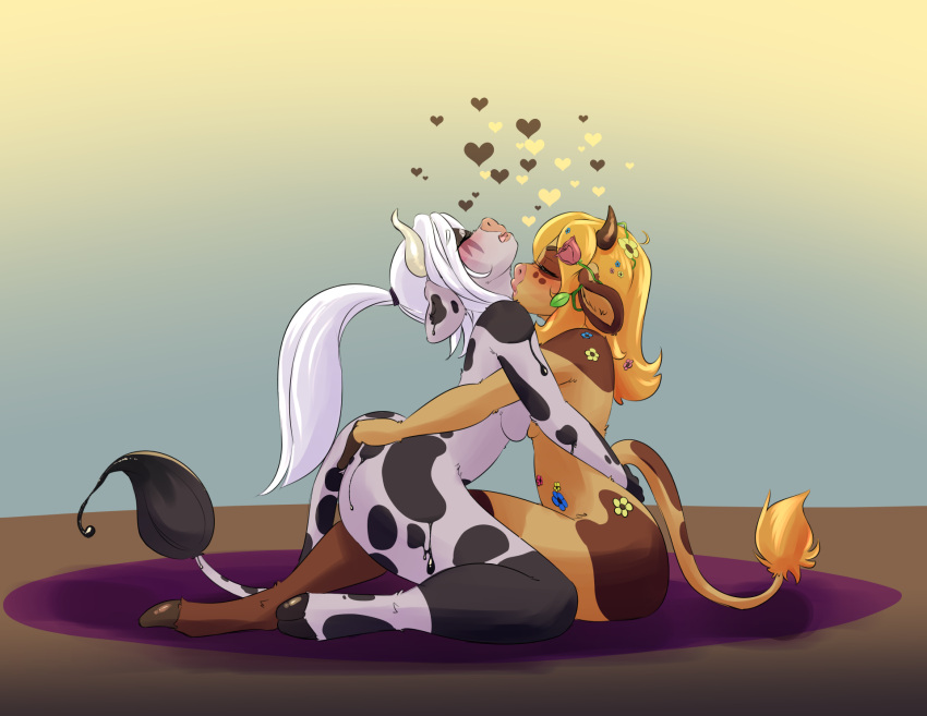 &lt;3 2022 alice_(moomaid) anthro blonde_hair bovid bovine breast_squish breasts cattle cupcakesama duo female female/female hair hi_res kissing mammal nude ponytail side_view simple_background squish white_hair