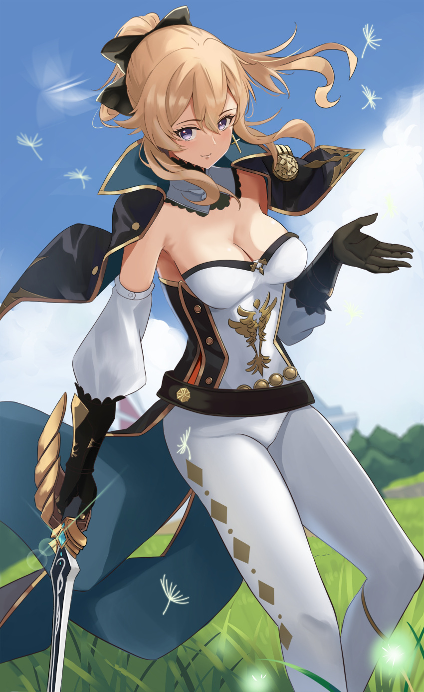 1girl bangs belt blonde_hair blue_capelet blue_eyes blue_sky blush bow breasts capelet cleavage dandelion_seed favonius_sword_(genshin_impact) gauntlets genshin_impact hair_bow highres jean_(genshin_impact) large_breasts long_hair looking_at_viewer manjirou_(manji_illust) multicolored_capelet pants ponytail sidelocks sky smile solo sword thighs tight tight_pants weapon white_pants