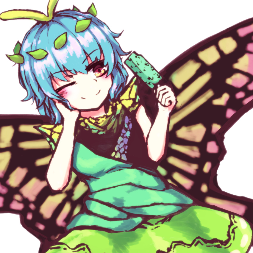 1girl antennae aqua_hair bad_anatomy bad_arm blush butterfly_wings closed_mouth dress eternity_larva eyebrows_visible_through_hair fairy food green_dress hair_between_eyes highres holding holding_food leaf leaf_on_head multicolored_clothes multicolored_dress one_eye_closed orange_eyes popsicle short_hair short_sleeves simple_background smile solo touhou wasabisuke white_background wings