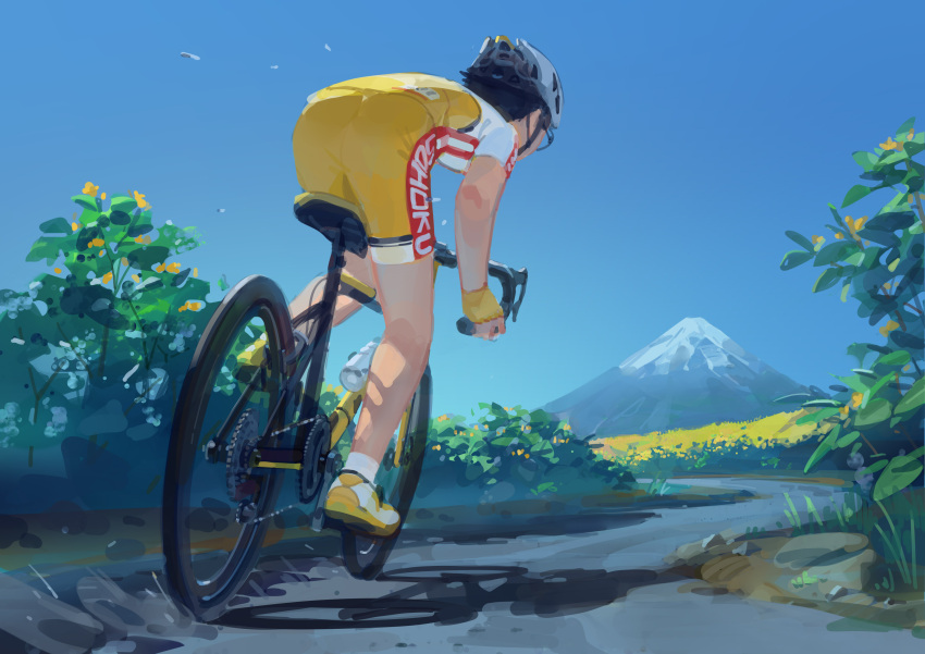 1boy 1girl absurdres bicycle bicycle_basket bicycle_helmet bike_jersey black_hair ddal fingerless_gloves glasses gloves ground_vehicle helmet highres onoda_sakamichi yowamushi_pedal