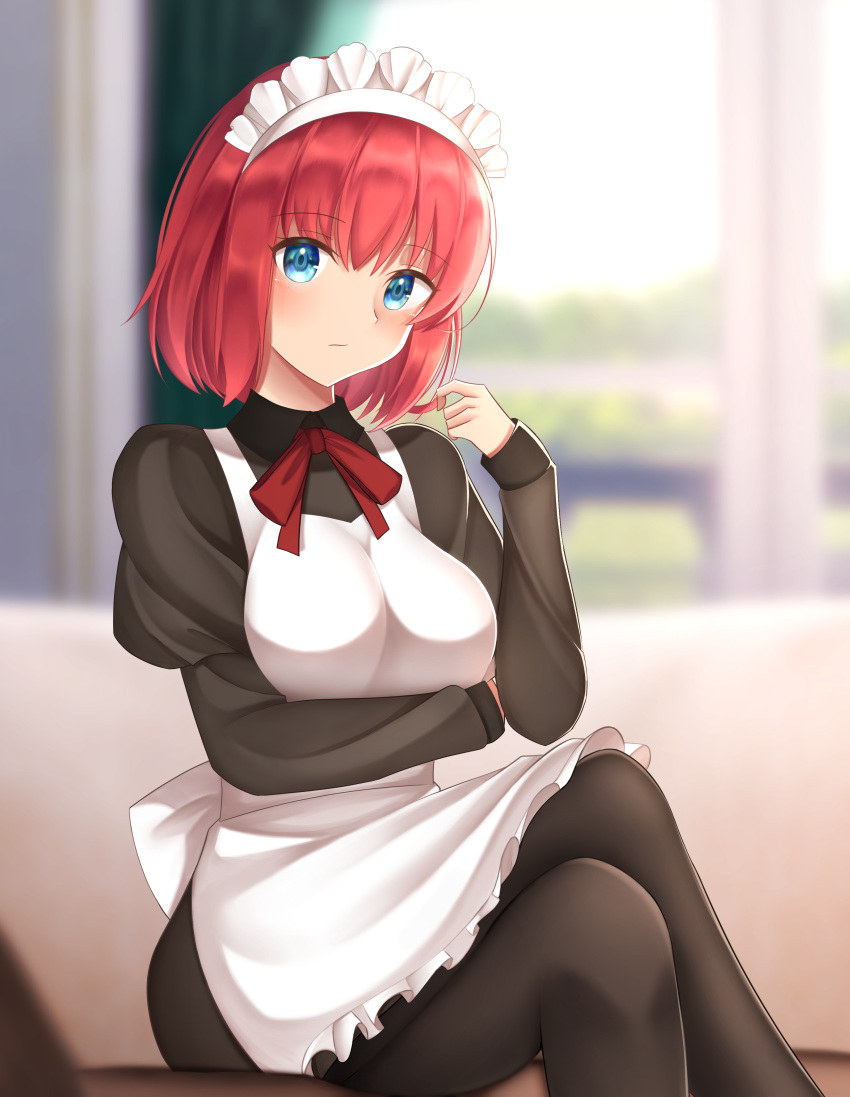 1girl absurdres apron black_dress black_legwear blue_eyes blurry blurry_background blush breasts commentary couch crossed_legs dress eyebrows_visible_through_hair hand_in_hair highres hisui_(tsukihime) indoors juliet_sleeves long_sleeves looking_at_viewer maid maid_apron maid_headdress medium_breasts neck_ribbon pantyhose puffy_sleeves red_hair red_ribbon ribbon short_hair sitting solo thighs tsukihime white_apron zero0ex