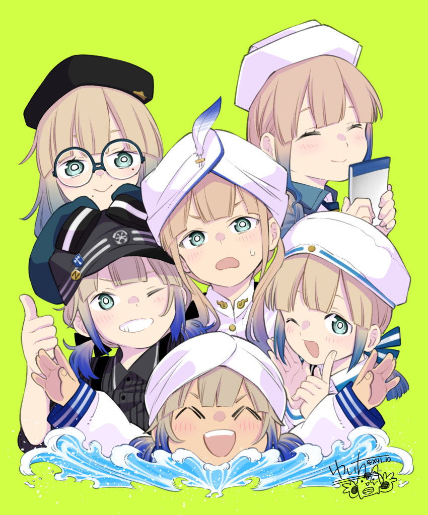 absurdres baker_nemo_(fate) beret braid captain_nemo_(fate) closed_eyes engineer_nemo_(fate) fate/grand_order fate_(series) feathers glasses gradient_hair green_background grin hat highres marine_nemo_(fate) mole mole_under_eye mole_under_mouth multicolored_hair nemo_(fate) notepad nurse_nemo_(fate) one_eye_closed professor_nemo_(fate) sakake_asobi signature smile thumbs_up turban twintails water