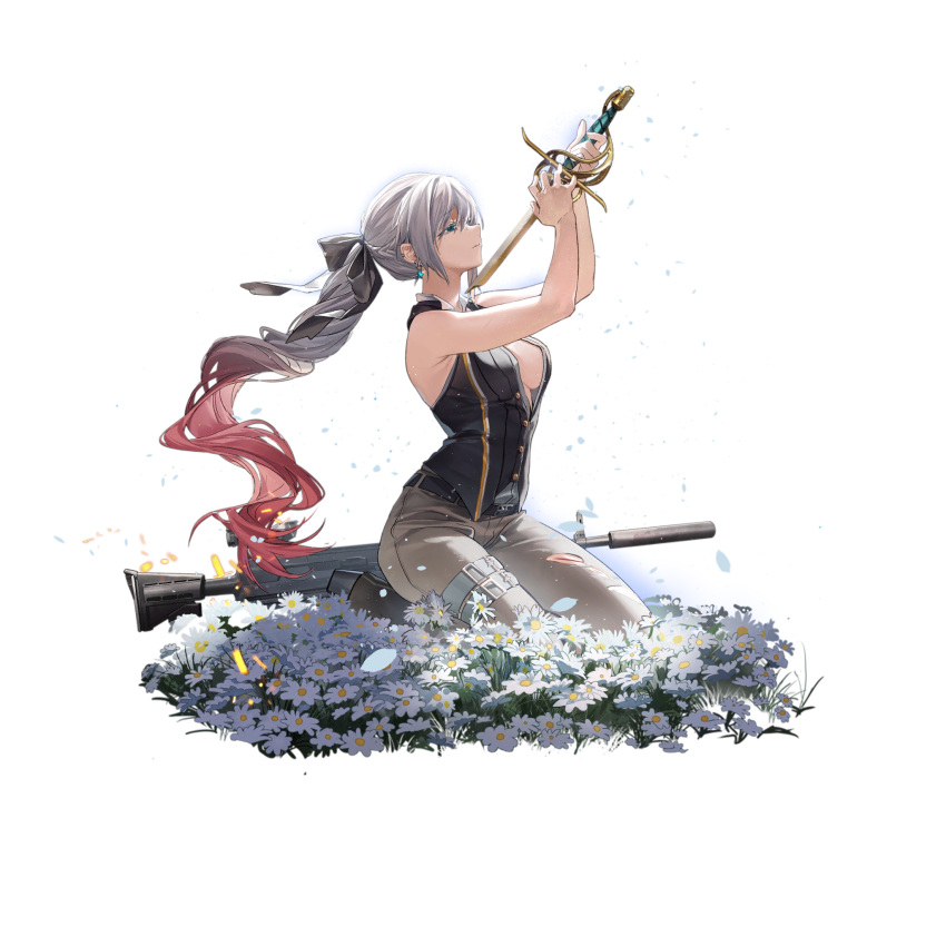 1girl aqua_eyes bangs belt black_belt black_vest boots braid breasts chamomile closed_mouth drill_ponytail earrings eyebrows_visible_through_hair field flower flower_field french_braid full_body general_dynamics_lwmmg girls'_frontline grey_hair grey_pants gun hair_ribbon happy_valentine highres holding holding_sword holding_weapon jewelry knee_boots long_hair looking_up lwmmg_(girls'_frontline) lwmmg_(knight_and_protector)_(girls'_frontline) machine_gun medium_breasts multicolored_hair official_alternate_costume official_art on_floor on_flower pants rff_(3_percent) ribbon seiza sideboob simple_background sitting solo sword torn_clothes torn_pants transparent_background valentine vest weapon weapon_removed
