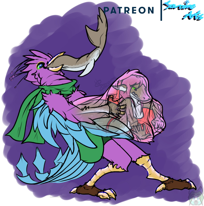 anthro anthro_pred anthro_prey avian beak biped bird bird_feet blue_body breasts clothing countershading feathered_crest feathered_wings feathers female female_prey fish galliform green_eyes grey_body gyro_feather hair head_crest hi_res internal male male_pred marine niamh_farquhar oral_vore organs peafowl phasianid pink_body pink_hair same_size_vore scarf shark shark_tail soraime_the_questionable stomach tail_feathers vore winged_arms wings