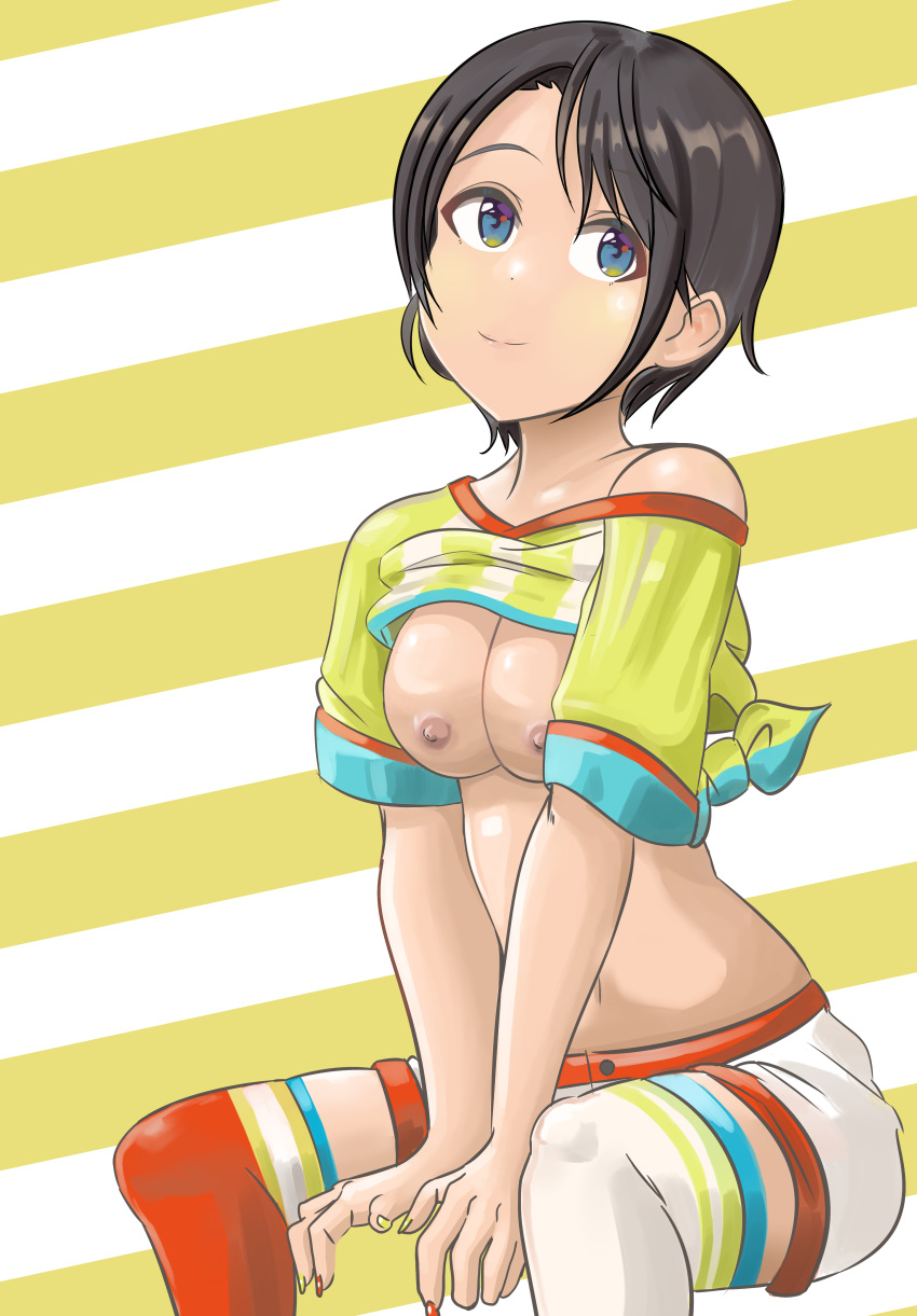 1girl absurdres blue_eyes breasts breasts_out brown_hair chadgarciaburg clothes_lift eyebrows_behind_hair flashing highres hololive large_breasts multicolored_clothes multicolored_legwear multicolored_nails nail_polish navel nipples oozora_subaru red_nails shirt shirt_lift short_hair shorts smile striped striped_legwear thighhighs tomboy virtual_youtuber white_shorts yellow_nails yellow_shirt