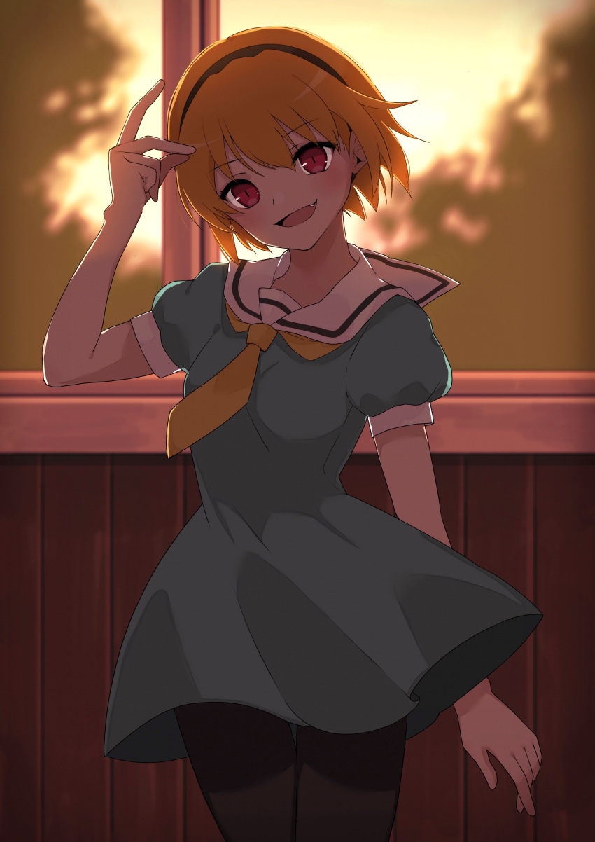 1girl :d absurdres aqua_dress bangs black_hairband black_legwear blonde_hair blush dress eyebrows_visible_through_hair fang hair_between_eyes hairband head_tilt highres higurashi_no_naku_koro_ni houjou_satoko indoors neckerchief open_mouth pantyhose poyadevil red_eyes sailor_collar sailor_collar_lift sailor_dress shiny shiny_hair short_dress short_hair short_sleeves slit_pupils smile solo standing thigh_gap white_sailor_collar yellow_neckerchief