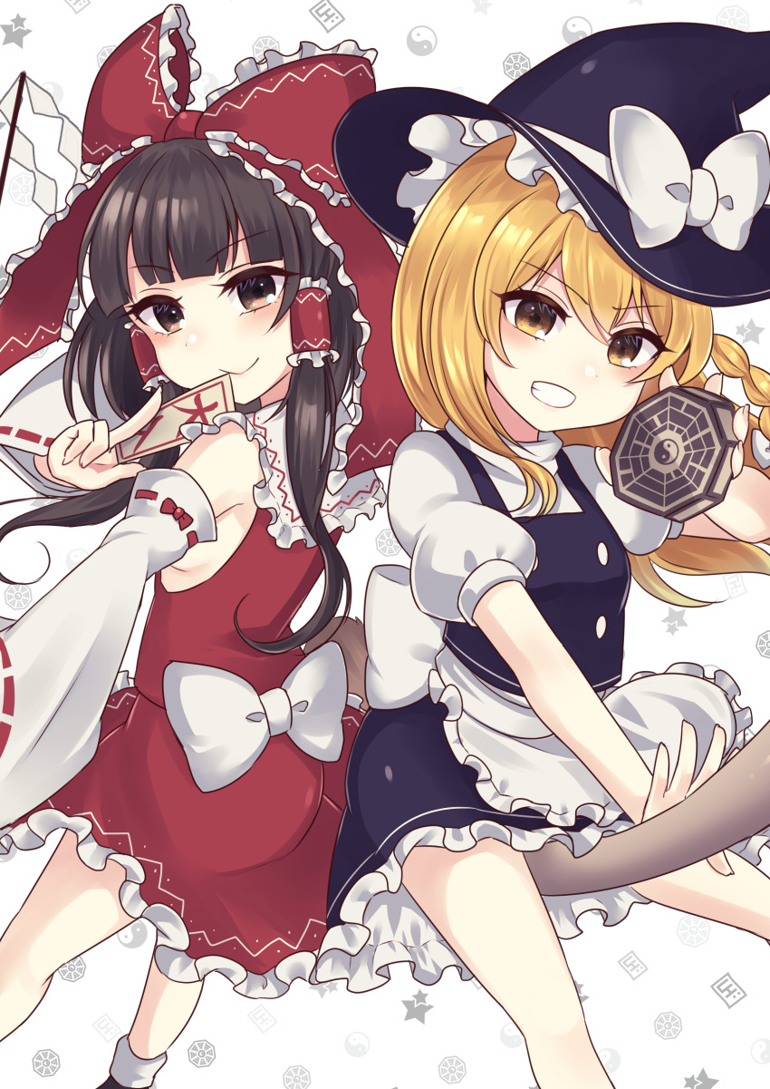 2girls absurdres apron bangs black_hair blonde_hair bow braid broom broom_riding brown_eyes closed_mouth detached_sleeves eyebrows_visible_through_hair grin hair_bow hair_tubes hakurei_reimu highres holding kirisame_marisa looking_at_viewer medium_hair mini-hakkero multiple_girls ofuda orb puffy_short_sleeves puffy_sleeves red_bow red_shirt ribbon-trimmed_sleeves ribbon_trim shirt short_sleeves side_braid single_braid smile subaru_(subachoco) touhou waist_apron white_apron white_background white_bow wide_sleeves yellow_eyes yin_yang yin_yang_orb