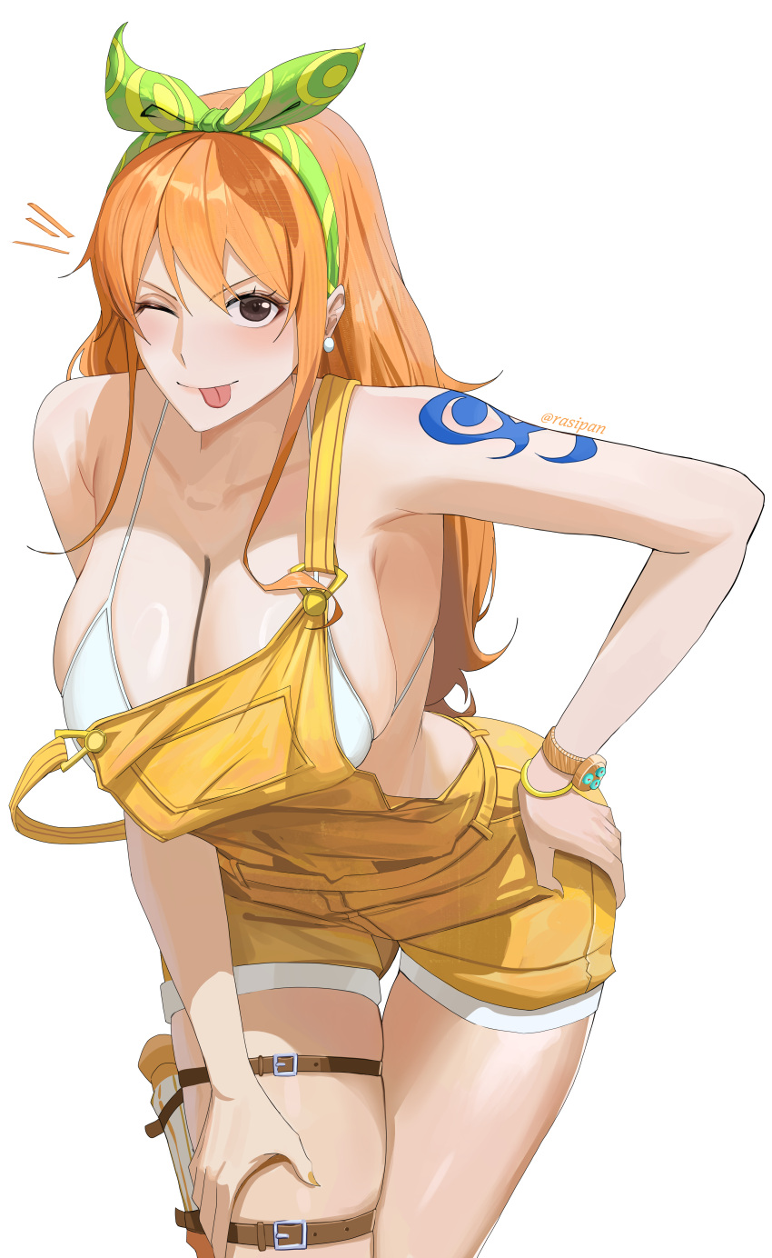 1girl ;p absurdres bare_shoulders belt_buckle bikini bikini_under_clothes blush bow_hairband breasts brown_eyes buckle cleavage clima-tact closed_mouth commentary cowboy_shot earrings green_hairband hairband halterneck hand_on_own_hip hand_on_own_thigh highres jewelry large_breasts leaning_forward long_hair looking_at_viewer nami_(one_piece) notice_lines official_alternate_costume one_eye_closed one_piece one_piece:_stampede orange_hair overall_shorts overalls pearl_earrings rasipan shoulder_tattoo sidelocks skindentation smile solo strap_slip string_bikini swimsuit tattoo thigh_gap thigh_strap tongue tongue_out white_background white_bikini yellow_overalls