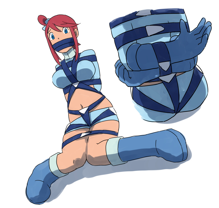 absurdres arms_behind_back bdsm blue_eyes blue_gloves bondage boots bound bound_arms breasts gag gagged gloves hair_ornament highres long_hair midriff navel nishin89 pokemon red_hair restrained shorts skyla_(pokemon) solo