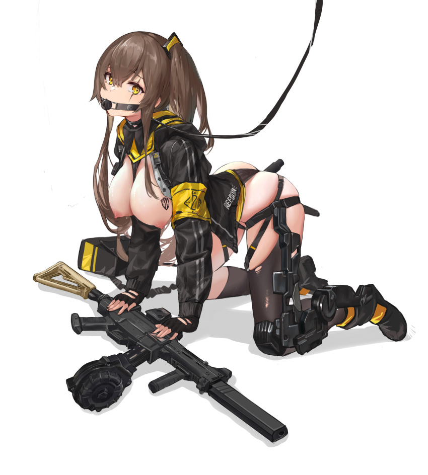 1girl 404_logo_(girls'_frontline) absurdres all_fours ball_gag black_gloves breasts breasts_out brown_hair collar commission fingerless_gloves gag girls'_frontline gloves gun h&amp;k_ump hair_between_eyes highres hood hood_down hooded_jacket jacket large_breasts leash looking_at_viewer nipples one_side_up restrained sawkm scar scar_across_eye second-party_source shirt simple_background skirt smile solo submachine_gun ump45_(girls'_frontline) weapon white_shirt yellow_eyes