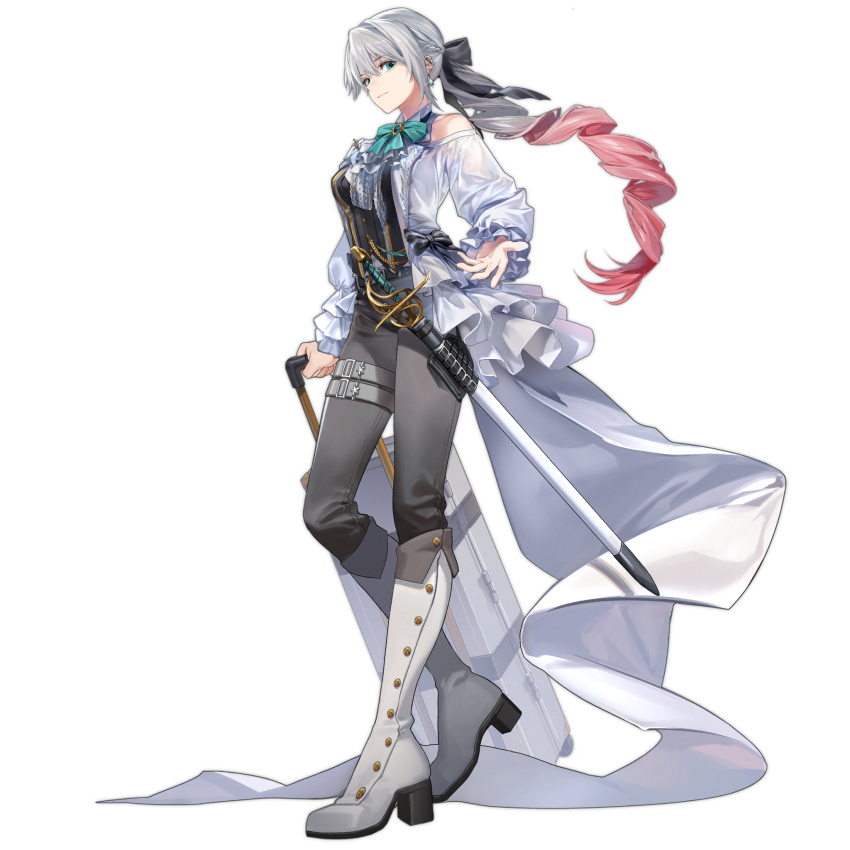 1girl aqua_eyes ascot bangs belt black_belt boots braid breasts closed_mouth drill_ponytail earrings eyebrows_visible_through_hair french_braid full_body girls'_frontline grey_hair grey_pants hair_ribbon happy_valentine highres holding holding_case holding_suitcase holstered_weapon jewelry knee_boots long_hair looking_at_viewer luggage lwmmg_(girls'_frontline) lwmmg_(knight_and_protector)_(girls'_frontline) medium_breasts multicolored_hair official_alternate_costume official_art pants rff_(3_percent) ribbon rolling_suitcase sheath simple_background smile solo standing suitcase sword transparent_background valentine weapon white_footwear