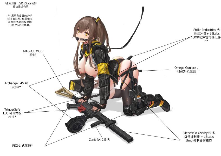 1girl 404_logo_(girls'_frontline) absurdres all_fours ball_gag black_gloves breasts breasts_out brown_hair chinese_text collar commission cuffs fingerless_gloves gag girls'_frontline gloves gun h&amp;k_ump hair_between_eyes handcuffs highres hood hood_down hooded_jacket jacket large_breasts leash looking_at_viewer nipples one_side_up restrained sawkm scar scar_across_eye second-party_source shirt simple_background skirt solo submachine_gun ump45_(girls'_frontline) user_krjm4832 weapon white_shirt yellow_eyes