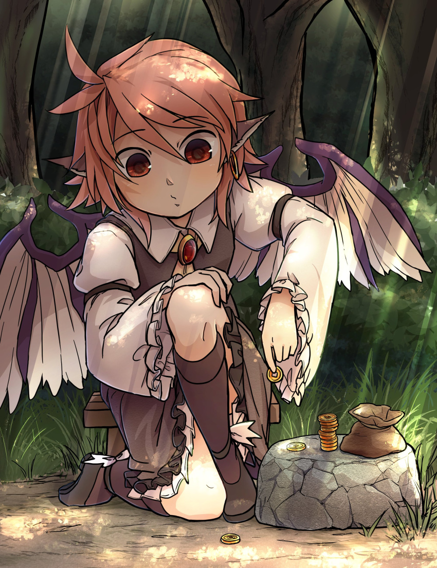 1girl :/ absurdres bird_wings brown_legwear coin feathered_wings forest frills highres holding holding_coin juliet_sleeves kneehighs kusiyan light_rays long_sleeves looking_down moneybag mystia_lorelei nature no_hat no_headwear one_knee outdoors puffy_sleeves solo touhou tree wide_sleeves wings