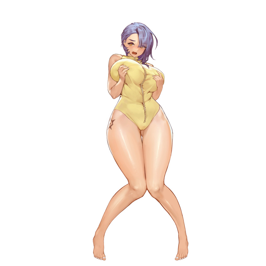1girl asymmetrical_bangs bangs barefoot blush breasts covered_nipples dark-skinned_female dark_skin embarrassed eyebrows_visible_through_hair eyes_visible_through_hair full_body game_cg highres huge_breasts last_origin navel official_art one-piece_swimsuit open_mouth purple_hair quick_camel rorobomb short_hair solo swimsuit tachi-e tattoo thick_thighs thigh_gap thighs transparent_background wide_hips yellow_eyes zipper