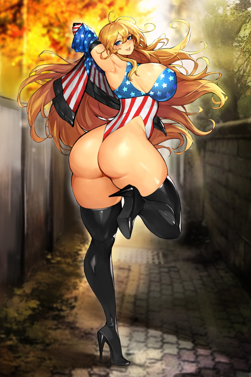 1girl absurdres american_flag american_flag_print antenna_hair armpits ass blonde_hair blue_eyes boots breasts flag_print gurimjang high_heels highres huge_breasts jacket long_hair looking_at_viewer original revealing_clothes sideboob solo swimsuit thigh_boots thighhighs very_long_hair