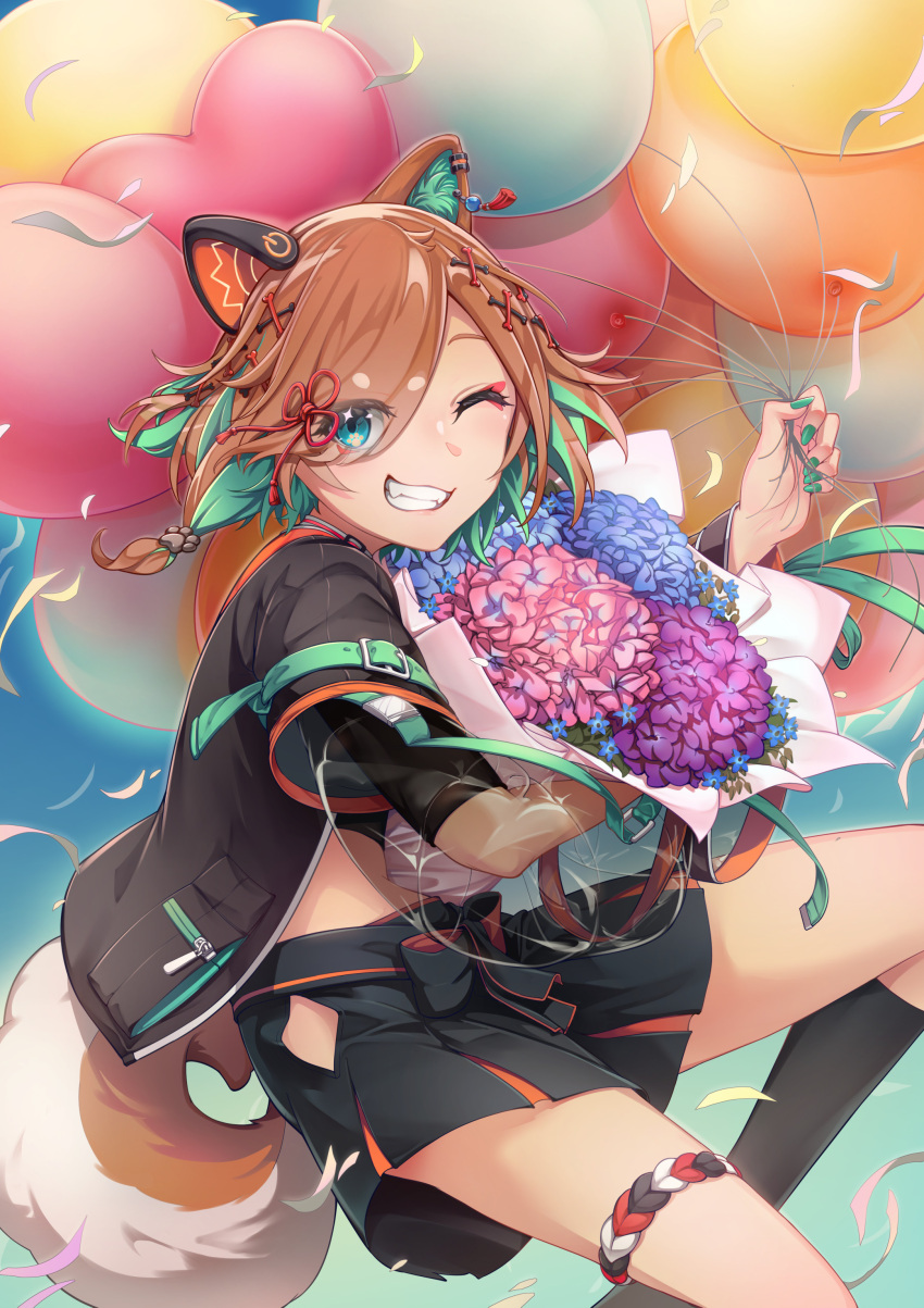 1girl absurdres animal_ears aqua_eyes aqua_hair aqua_nails balloon bangs bouquet brown_hair colored_inner_hair dog_ears dog_girl dog_tail fang flower gsong-chan hair_ornament hair_over_one_eye hakama hakama_shorts happy_birthday highres holding holding_bouquet japanese_clothes miyoshino_shiki multicolored_hair one_eye_closed power_symbol prism_project prosthetic_ear see-through_sleeves shorts solo tail