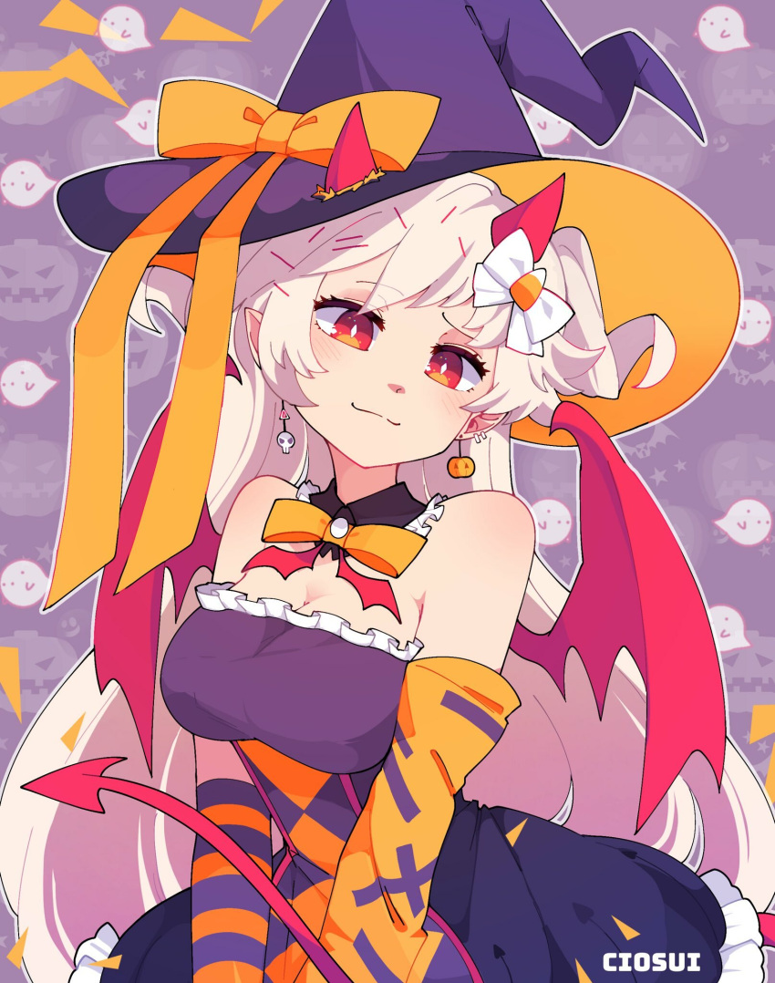 1girl asymmetrical_gloves black_headwear blonde_hair bow breasts bright_pupils ciosuii cleavage closed_mouth demon_girl demon_horns demon_tail diamond-shaped_pupils diamond_(shape) earrings elbow_gloves eyebrows_visible_through_hair gloves hat hat_bow highres horns jewelry large_breasts long_hair mismatched_gloves orange_bow original red_eyes smile solo symbol-shaped_pupils tail white_pupils witch_hat