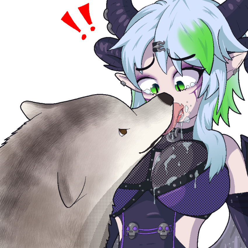 1:1 bestiality big_breasts bodily_fluids breasts canid canine canis domestic_dog duo female feral french_kissing froot grey_hair hair hi_res horn humanoid johjoh_dodo kissing light_body light_skin male male/female mammal multicolored_hair saliva tongue virtual_youtuber