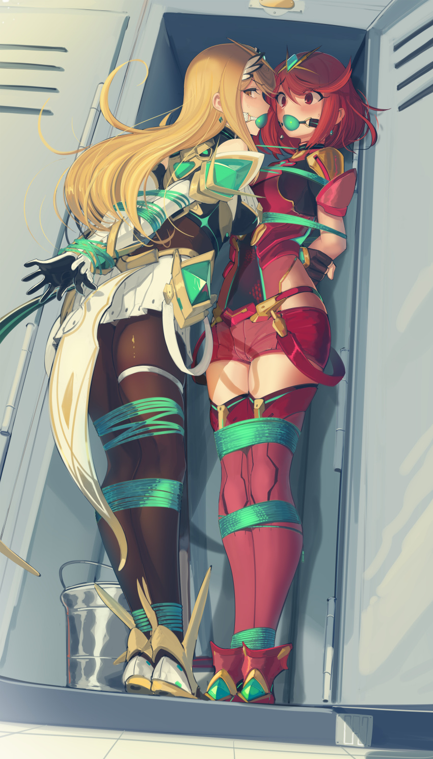 2girls absurdres arms_behind_back ball_gag bare_shoulders bdsm black_legwear blonde_hair blush bondage bound bound_ankles bound_arms bound_legs bound_together bound_wrists box_tie bucket cad_(caddo) earrings fingerless_gloves gag gagged gloves highres jewelry locker long_hair multiple_girls mythra_(xenoblade) pantyhose pyra_(xenoblade) red_eyes red_hair red_legwear restrained rope shibari short_hair short_shorts shorts skirt thighhighs tiara xenoblade_chronicles_(series) xenoblade_chronicles_2 yellow_eyes zettai_ryouiki