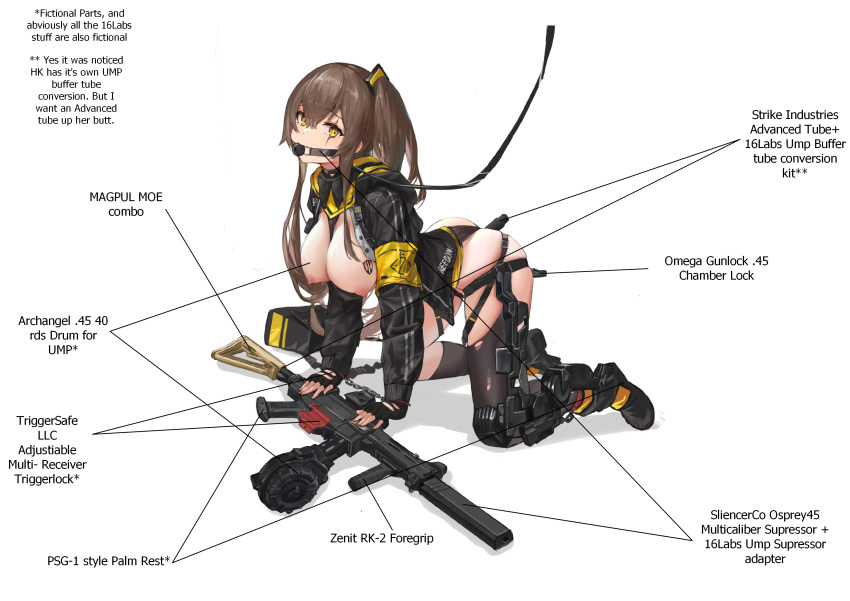 1girl 404_logo_(girls'_frontline) absurdres all_fours anal anal_object_insertion ball_gag black_gloves breasts breasts_out brown_hair collar commission cuffs english_text fingerless_gloves gag girls'_frontline gloves gun h&amp;k_ump hair_between_eyes handcuffs highres hood hood_down hooded_jacket jacket large_breasts leash looking_at_viewer nipples object_insertion one_side_up restrained sawkm scar scar_across_eye second-party_source shirt simple_background skirt solo submachine_gun ump45_(girls'_frontline) vaginal vaginal_object_insertion weapon white_shirt yellow_eyes