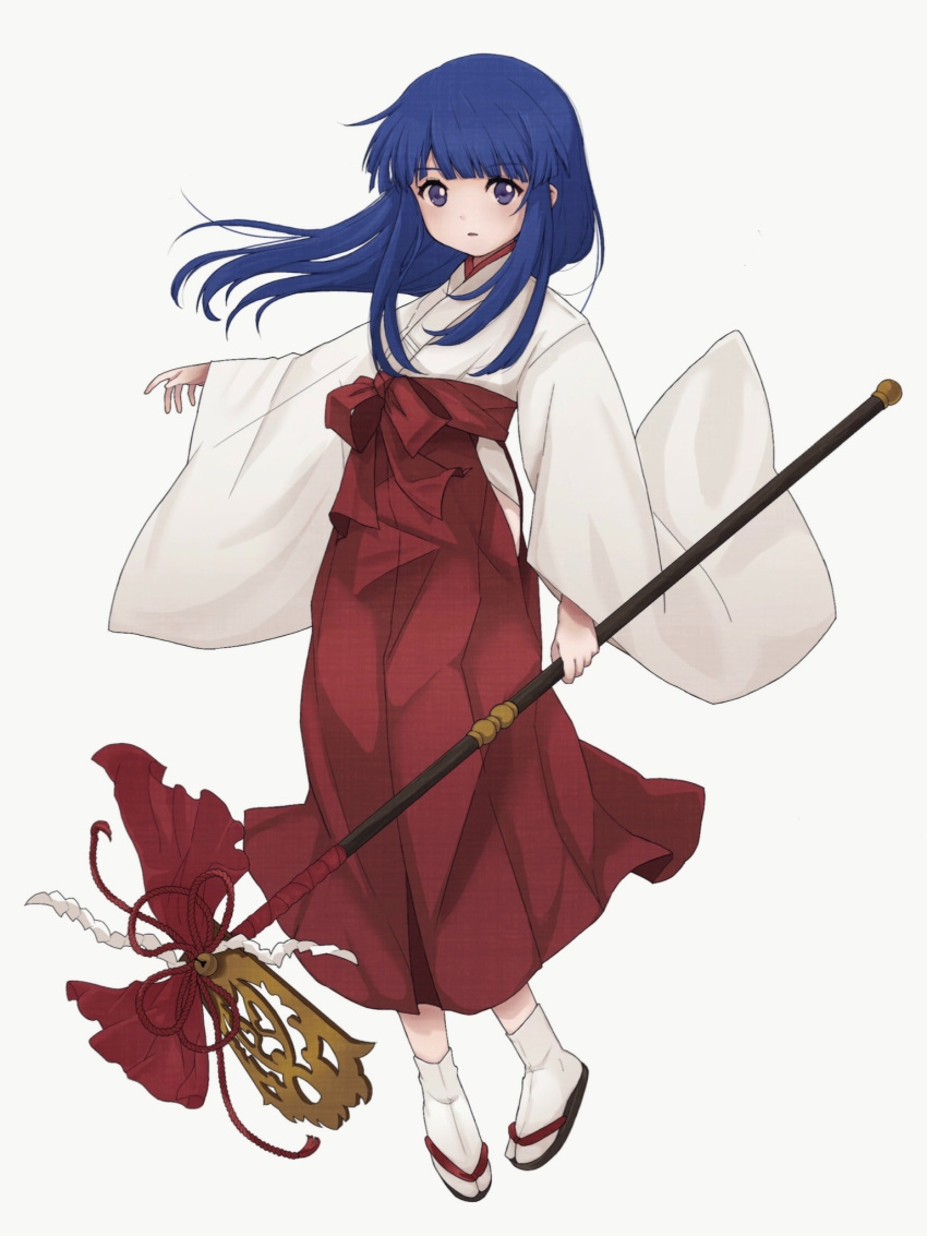 1girl bangs blue_hair blunt_bangs eyebrows_visible_through_hair floating_hair full_body furude_rika high-waist_skirt highres higurashi_no_naku_koro_ni holding holding_staff japanese_clothes kimono long_hair long_sleeves looking_at_viewer miko open_mouth poyadevil purple_eyes red_skirt simple_background skirt smile solo staff straight_hair tabi white_background white_kimono white_legwear wide_sleeves