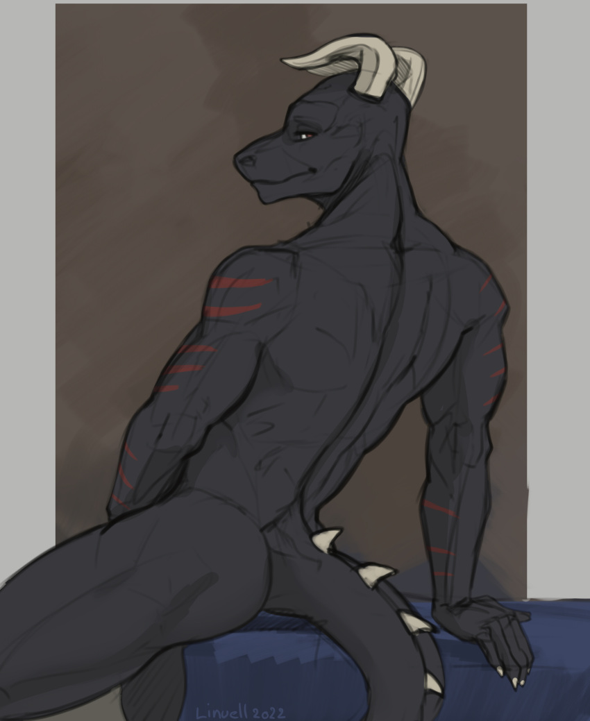 anthro arm_stripes athletic athletic_anthro athletic_male back_muscles black_body black_scales butt digital_drawing_(artwork) digital_media_(artwork) dragon hi_res linuell looking_at_viewer looking_back male malzel_(kojimafire) pose rear_view red_eyes scales scalie simple_background sitting smile smirk solo spiked_tail spikes spikes_(anatomy)