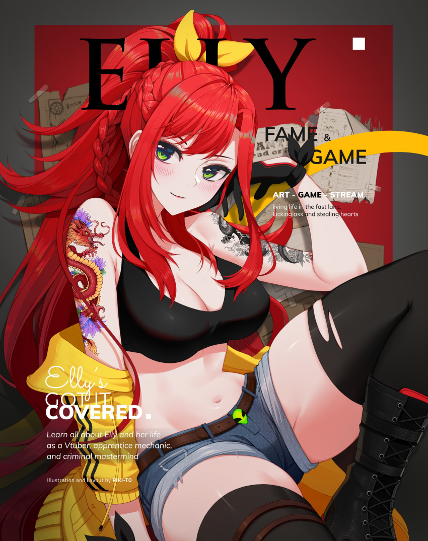 1girl absurdres arm_tattoo bangs black_gloves black_legwear black_sports_bra breasts character_name cleavage cover elly_(vtuber) english_commentary english_text eyebrows_behind_hair fake_magazine_cover gloves hair_behind_ear hair_ribbon highres indie_virtual_youtuber large_breasts long_hair magazine_cover midriff navel off_shoulder ponytail ribbon rizky_(strated) second-party_source skindentation smile solo sports_bra tattoo thick_thighs thighhighs thighs virtual_youtuber yellow_ribbon